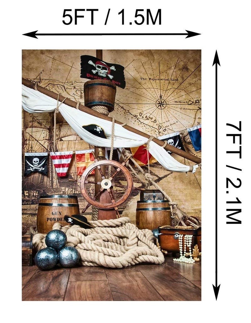 BELECO 5x7ft Fabric Pirate Backdrop Pirates Ship Deck Steering Wheel Skull Flag Background Pirate Theme Party Decorations Kids Boy Adult Birthday Baby Shower Photo Props - Image 4